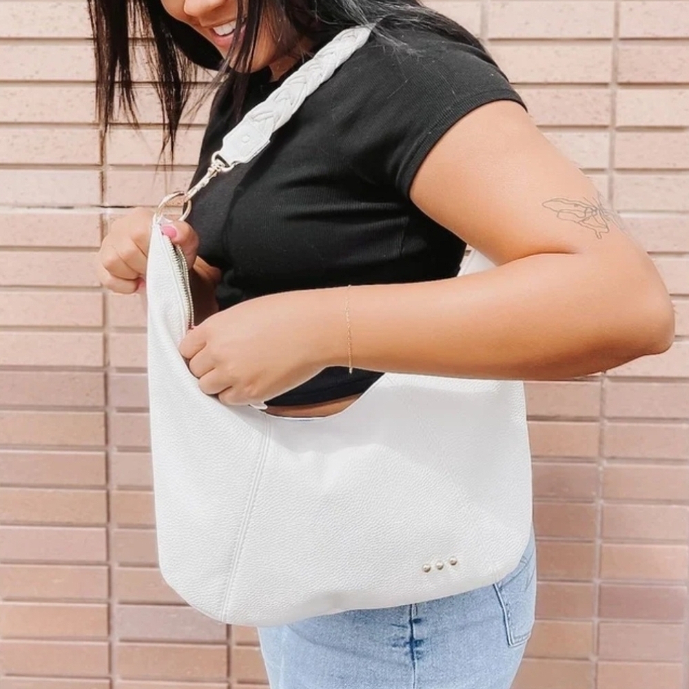 Pretty Simple Hattie Crescent Hobo Crossbody Bag With Braided Strap In Cream NWT - Picture 2 of 11